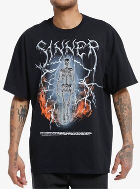 Hot Topic Social Collision Sinner Fiery Skeleton Oversized T-Shirt S/M Goth Alt
